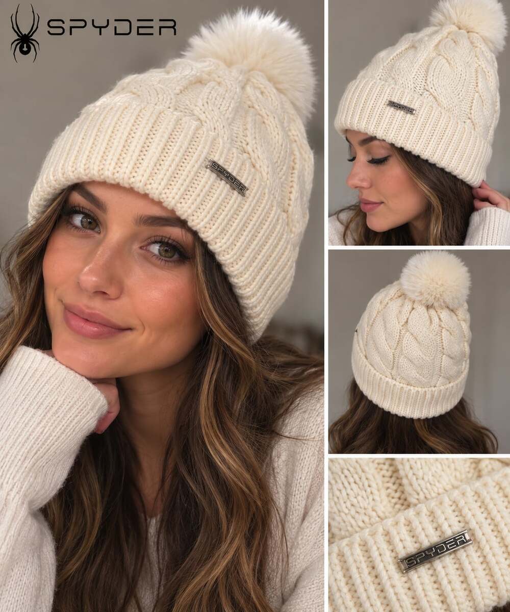 Spyder Cream Cable-Knit Pom Beanie
